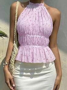 Top sin espalda de tirantes con pliegues y cordón en color negro, informal de verano para salir - Morado - Ver 4