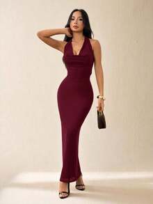 Vestido elegante de mujer de unicolor con cuello drapeado de malla, vestido largo, estilo vacacional, adecuado para vacaciones de otoño/invierno - Rojo violeta 2 - Ver 6