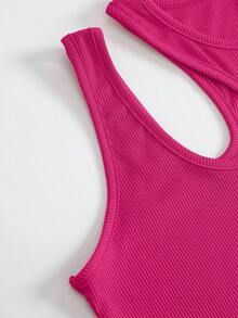Top Sin Mangas De Punto Acanalado Con Hombro Cortado Sólido Para Verano - Rosa Fucsia - Ver 5