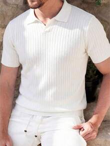 Men's Loose Fit Polo Shirt, Solid Color, Slim Fit, Polo Collar, Short Sleeve, Ribbed Knit - White - View 2