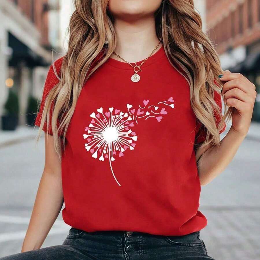 Women's Cotton T-Shirt With Dandelion Heart Print, Short Sleeve, Round Neck, Basic Casual Top, Sizes S-5XL, Lightweight, Breathable, For Everyday Wear, Spring/Summer Fashion, Round Neck, Loose Fit, Soft And Comfortable Fabric, Urban Clothing - 紅色 - 查看 1