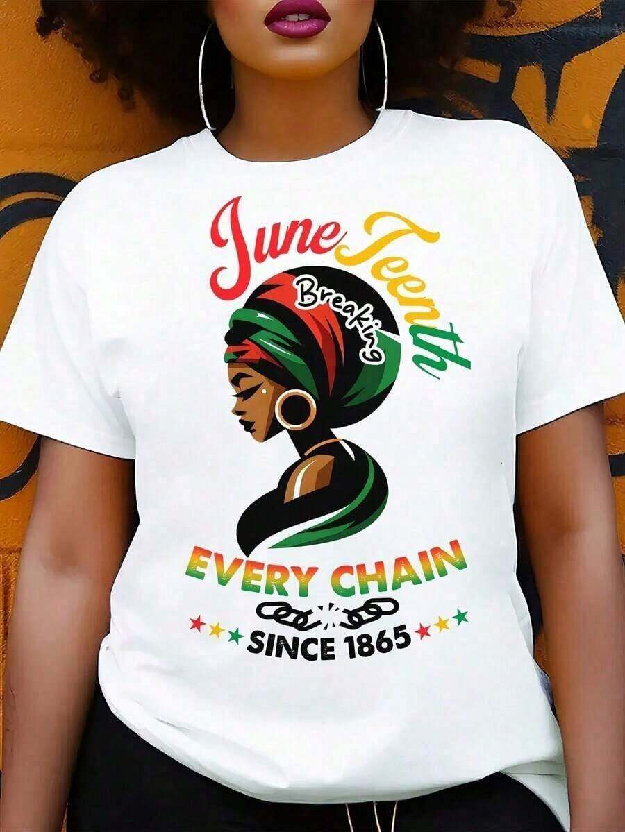 Women's T-Shirt With June 16th Design - "Breaking All Shackles Since 1865" Design, Bright Geometric Print, Short Sleeves, 100% Pure Cotton, Regular Fit, Suitable For Spring, Summer And Year-Round Wear - An Ideal June 16th Gift For Friends And Family, Loose-Fitting, Washed Short-Sleeve T-Shirt For Women, Urban Style, Unisex, Suitable For Spring, Summer And Autumn, Valentine's Day Outfit, Stylish Short-Sleeve Shirt For Women In Summer, Loose, Comfortable, Breathable, Ideal For Everyday Wear, Comfortable. - 白色 - 查看 1