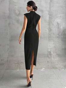 Vestido largo de mujer elegante y casual para uso diario, viajes y moda, con cuello mao, mangas drapeadas y cintura ceñida en color albaricoque - Negro - Ver 5