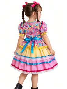 Children's Festa Junina Dress, Sunflower Plaid, Yellow Heart, Girl's Quadrilha Dance, Flared, Country Style, Luxury, São João, Ruffled, Queen Of The Corn - Màu vàng - Xem 2