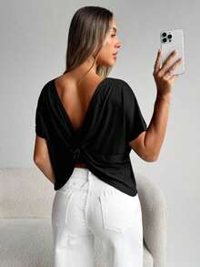 Camiseta gris de verano casual para mujer con escote trasero y nudo trenzado - Negro - Ver 8