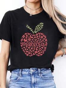 Women's Casual Round Neck Short Sleeve Sports T-Shirt With Spanish Alphabet Print Spring/Summer - Black - View 1