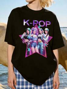 Women's Soft And Casual Short-Sleeved Crew Neck T-Shirt With A K-Pop Star Graphic Print, Suitable For Everyday Wear. Black. - 黑色 - 查看 1