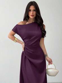 Vestido elegante asimétrico de hombro con pliegues y bajo de cola de sirena en color verde, adecuado para citas, vacaciones, bodas, eventos, regreso a la escuela, graduación, vestido de dama de honor formal, vestidos elegantes para mujer - Morado - Ver 5