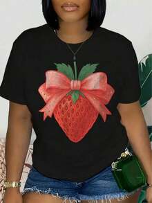Strawberry Casual T-Shirt, New Must-Have For Summer, Suitable For Both Spring And Summer, Comfortable And Casual Essential T-Shirt For Women, Round Neck Style For Casual Wear And Memorable Gifts, 100% Cotton, Durable - 黑色 - 查看 6
