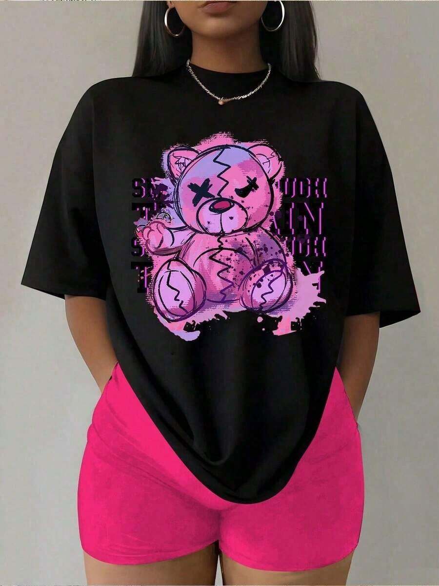 FASHIOGIRL Colorful Bear Graphic Print T-Shirt - Unique Fashion Design - For Spring And Summer - Sizes S-XL Available In Black - Casual Wear - Popular With Teens - Black - View 1