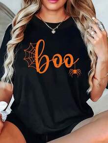 1 Piece 180g Unisex Loose Crewneck Short-Sleeve T-Shirt Camiseta estampada de tela de araña de Halloween, camiseta casual de cuello redondo y manga corta, ropa de mujer. Mujer camiseta casual estampado Halloween estilo suelto cuello redondo manga corta otoño fiestas - Negro - Ver 1