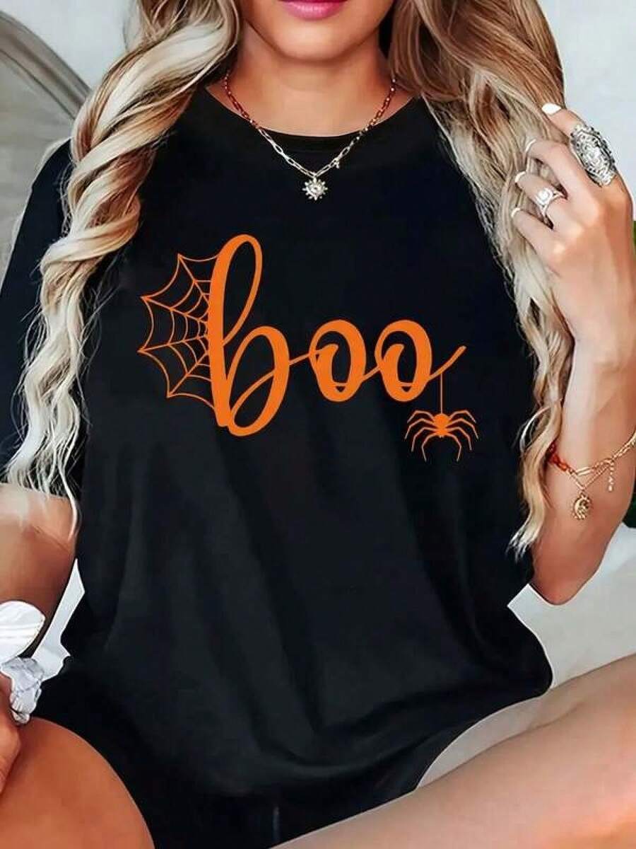 1 Piece 180g Unisex Loose Crewneck Short-Sleeve T-Shirt Camiseta estampada de tela de araña de Halloween, camiseta casual de cuello redondo y manga corta, ropa de mujer. Mujer camiseta casual estampado Halloween estilo suelto cuello redondo manga corta otoño fiestas - Negro - Ver 1