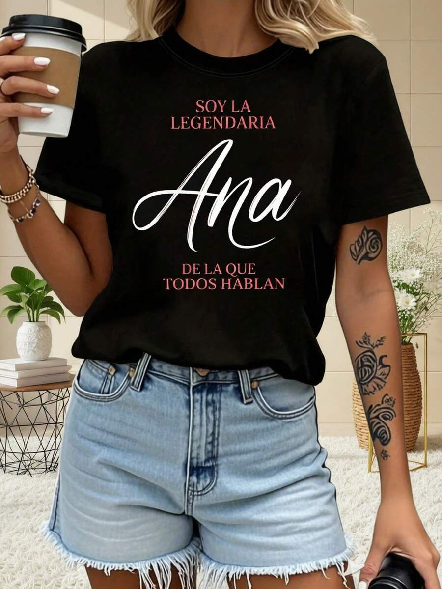 Women's Short-Sleeved T-Shirt With Round Neck, Featuring A Print Of The Legendary Spanish Ana, Ideal For Spring And Summer, A Casual T-Shirt For Everyday Wear, A Great Holiday Gift - 黑色 - 查看 1