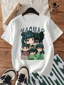Maomao Blue Cartoon Character T-Shirt - Casual Crew Neck, Short Sleeve, Medium Stretch Fabric For Summer, Perfect For Home And Sports, Casual Wear | Playful Design | Medium Stretch Material Y2k T-Shirt Shirt - 白色 - 查看 10
