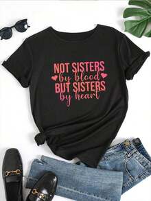 Women's T-Shirt "We're Not Blood Sisters, But We're Sisters At Heart" - Soft Polyester, Loose Fit, Crew Neck, Short Sleeve, Black With Pink Lettering And Heart Design, Essential Casual Wear For Spring/Autumn, Ideal For Sisters, Matching Family Outfits, Casual Wear (Hand Washable) - Ideal Gift For Birthdays Or Housewarmings, Vibrant Pink And White Lettering, Soft Texture, No Bulkiness, Suitable For Layering Or Wearing Alone. Women's Blouses > Shirt - 黑色 - 查看 2