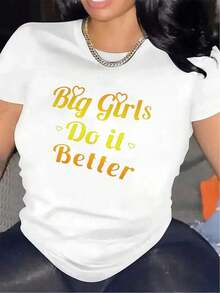 Camiseta de Talla Grande para Mujer con el Eslógan "Big Do It Better" - Estampado Dorado y Negro, Manga Corta, Cuello Redondo, Poliéster Ligero y Elástico, Top Casual de Impacto para Mujeres con Curvas, Ropa Casual Empoderadorablusas para mujer>camisa - Blanco - Ver 7
