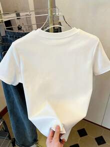 Camiseta blanca de mujer Linglong con estampado de libélula azul y salpicaduras de tinta - Camiseta casual de manga corta y cuello redondo, encantadora para primavera y verano, ideal para uso diario, cómoda y agradable al tacto. - Blanco - Ver 2