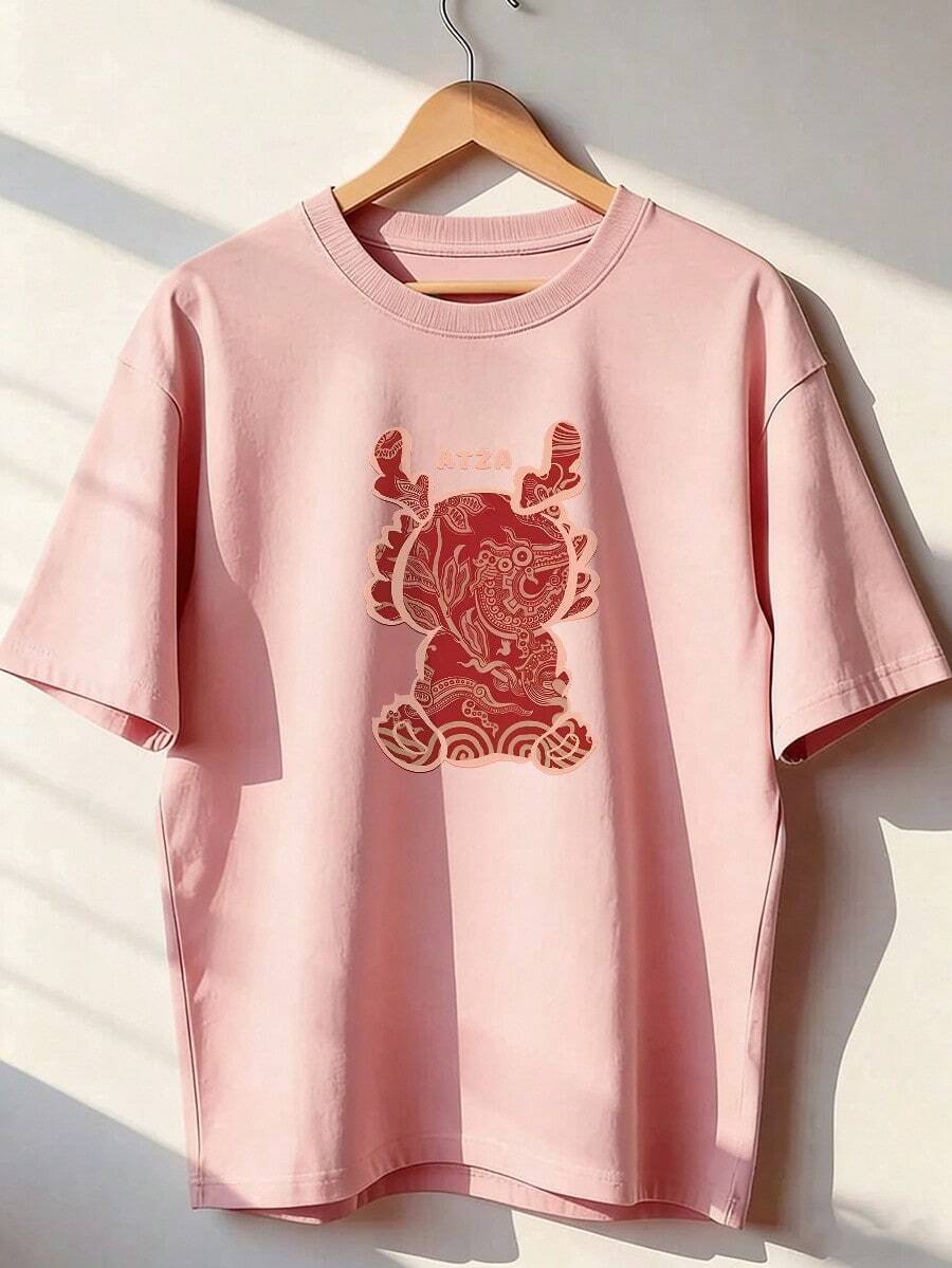 Chinese New Year Dragon T-Shirt, Fashionable Short-Sleeve T-Shirt For Spring And Summer 2026, Made In Mexico, 180 Grams. Cartoon Print, Couple Design, Suitable For Indoor Or Outdoor Wear. Crew Neck, Unisex, Ideal For Office And Leisure. One-Piece Pack. - PK-P631577SLNDXZGY574 - 查看 1