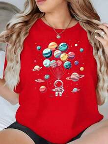 Vintage 1PC Astronaut Holding Balloons That Look Like Planets Symbolizes Human Curiosity And The Desire To Explore Infinite Universes In Harmony. Women's T-Shirt, 100% Cotton. T-Shirts, Top, Women's T-Shirts > Basic - 紅色 - 查看 7