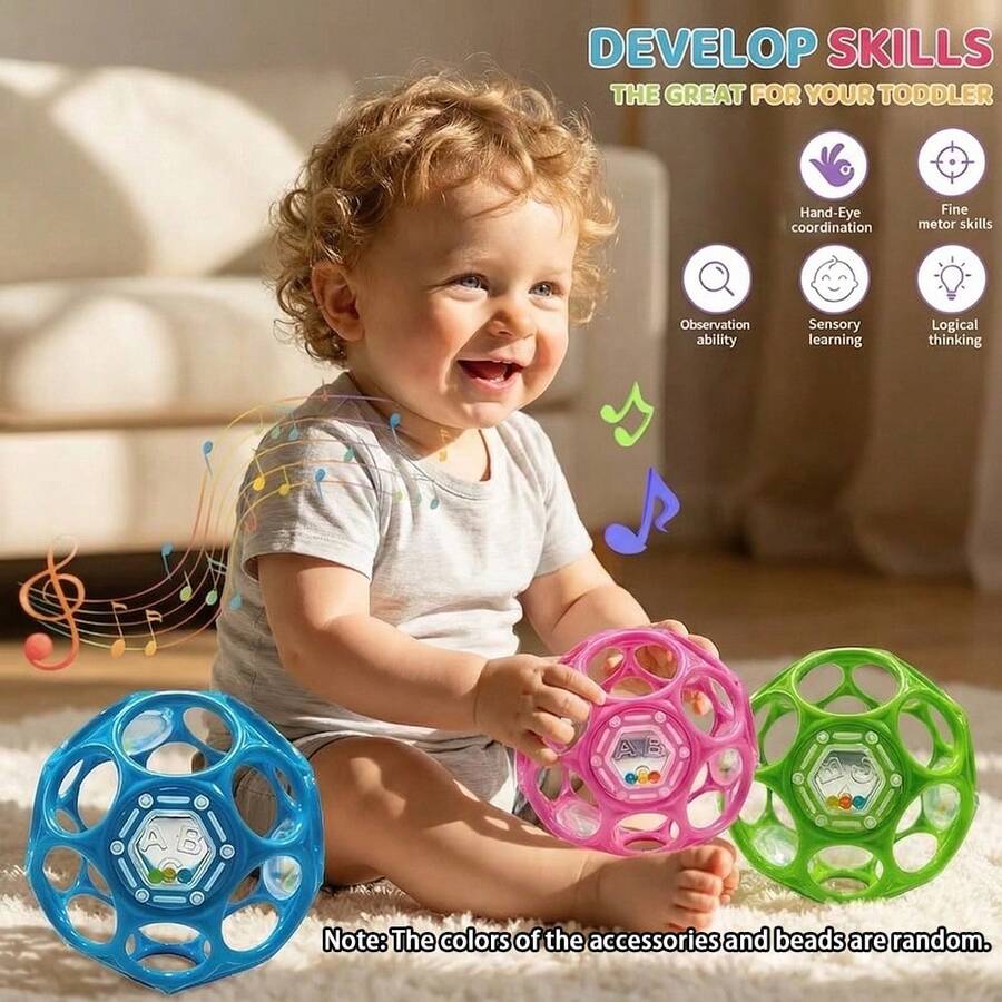 Bola Gelombang Genggam Bayi dengan Lonceng, Mainan Gigit Bayi Bertekstur Lembut, Mainan Pengembangan Sensorik untuk Melatih Genggaman Tangan Bayi Baru Lahir - MultiWarna - View 1