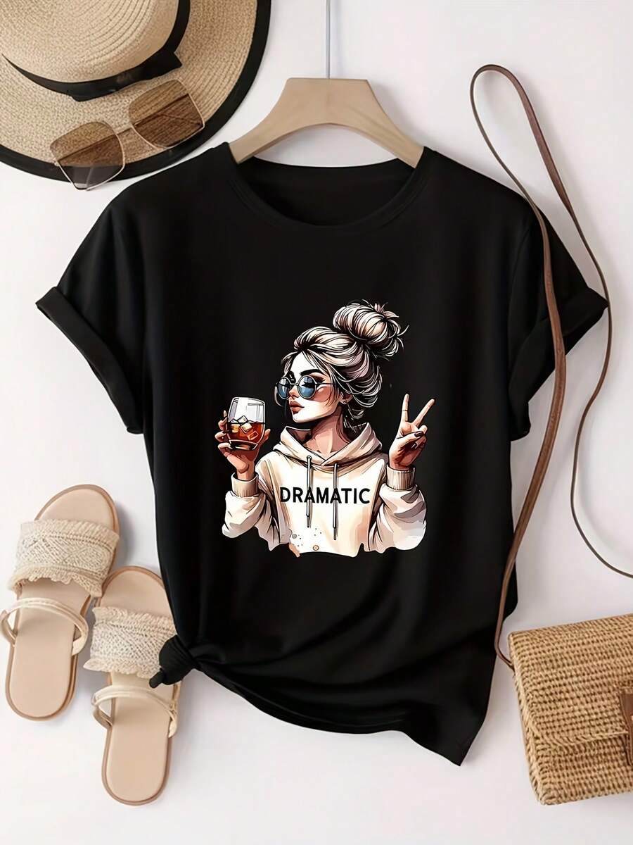 Women's Short-Sleeved T-Shirt With A Round Neck, Modern Design, And Anime-Style Printed Lettering. Comfortable And Easy To Wear. Ideal For Casual Everyday Wear And A Naturally Elegant Style; A Must-Have For Summer Parties. Local Payment. - 黑色 - 查看 1