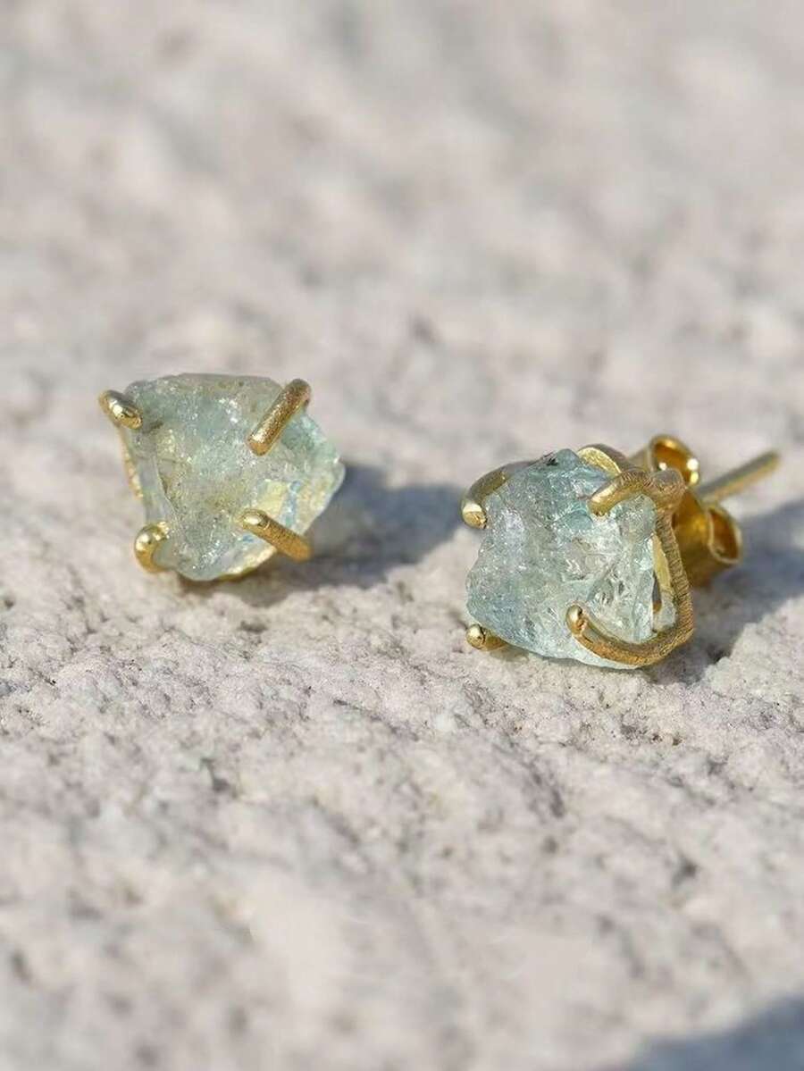 Bông tai đính đá quý màu xanh biển, kiểu dáng tối giản, thanh lịch, được làm thủ công. - Một cặp - Xem 1