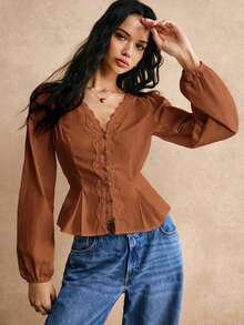Camisa de algodón blanco con detalles de botones y bordado de encaje en la cintura, camisa de manga larga, camisa de cintura, blusa de encaje, camisa de encaje, camisa de algodón, detalles de cintura elegantes, para uso diario, salida de trabajo, - Marrón - Ver 3