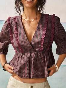 Blusa ajustada con cuello en V profundo, volantes en la cintura y mangas de pétalos a cuadros vintage - Rosa - Ver 5