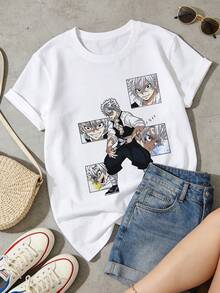 Camiseta de manga corta con cuello redondo suave y casual para mujer, estampada con personajes de dibujos animados japoneses, adecuada para uso diario. Blanca. - Blanco - Ver 3