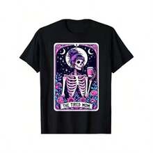 Tired Mom Tarot Skull Mother's Day Skull Coffee T-Shirt Comfortable, Unisex, Mother's Day Gift, 100% Cotton,180g Fabric Weight, Machine Washable, Unisex T-Shirt Comfortable, Gift For Men Women Dad Mom Friends - 黑色 - 查看 1