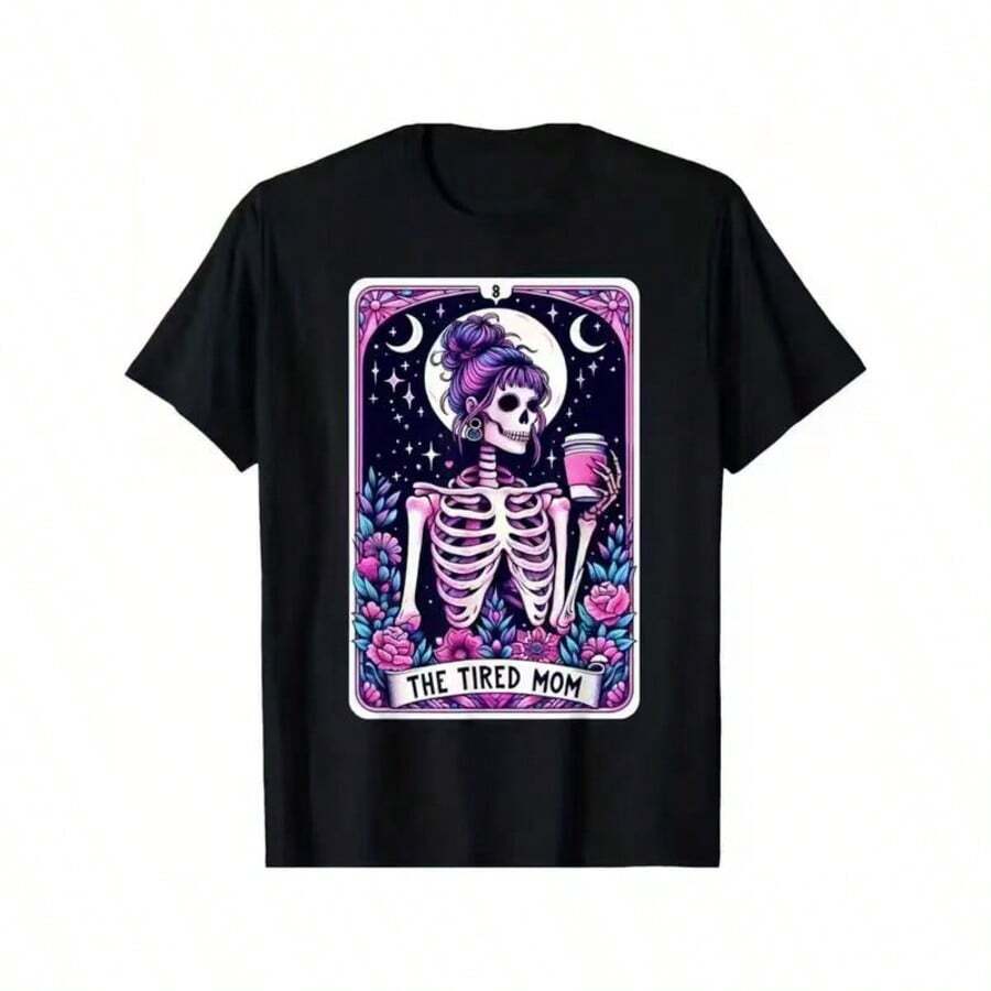Tired Mom Tarot Skull Mother's Day Skull Coffee T-Shirt Comfortable, Unisex, Mother's Day Gift, 100% Cotton,180g Fabric Weight, Machine Washable, Unisex T-Shirt Comfortable, Gift For Men Women Dad Mom Friends - 黑色 - 查看 1