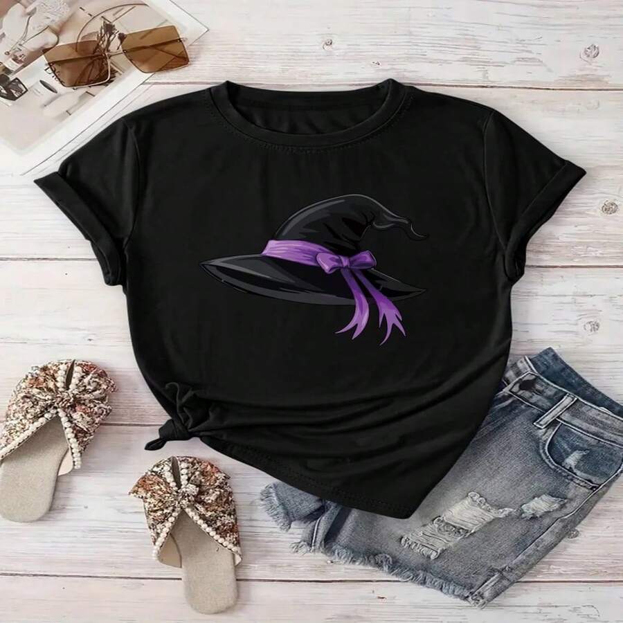 Women's Sexy Casual Elegant Cotton Round Neck Short Sleeve Regular T-Shirt with Witch Hat Print - Negro - Ver 1
