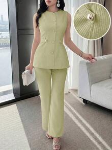 Conjunto de top sin mangas con botones delanteros y pantalones elegantes para mujer, ideal para el verano - Verde - Ver 8