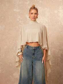 Nueva llegada Blusa elegante de mujer de alta gama con cuello suelto, bajo asimétrico con volantes, parte delantera corta y parte trasera larga - Albaricoque 2 - Ver 4