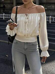 Lucivie Blusa blanca elegante y casual de hombros descubiertos para el verano - Blusa de manga larga con volantes y puños a rayas transparentes con lazo delantero, perfecta para vacaciones en la playa, fiestas y uso diario casual, conjunto elegante casual para vacaciones en la playa y eventos de noche, versátil para vacaciones de verano, fiestas y ropa de estar en casa - Albaricoque - Ver 12