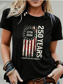 250th Anniversary 1776–2026 Women's T-Shirt, American Flag Cartoon Print, Round Neck Short Sleeve, Casual Loose Fit, Soft Breathable - 黑色 - 查看 1