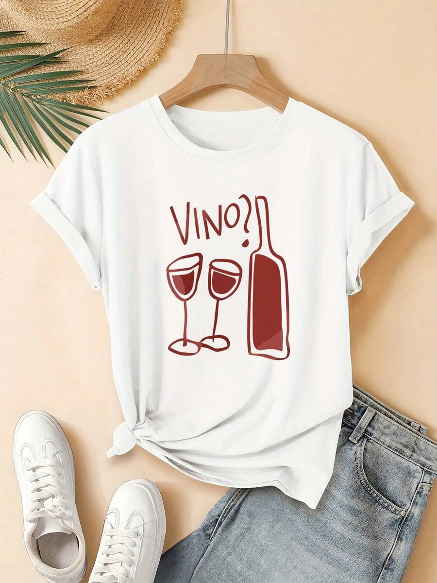 Women's T-Shirt With Wine Glass And Bottle Print. WINE? Modern, Cheerful And Charming Design, Short Sleeves And Round Neck, For Young Women, Machine Washable, Ideal For Everyday Casual Street Style, A Great Gift Choice, Suitable For Home, Office And Other Occasions. - 白色 - 查看 1