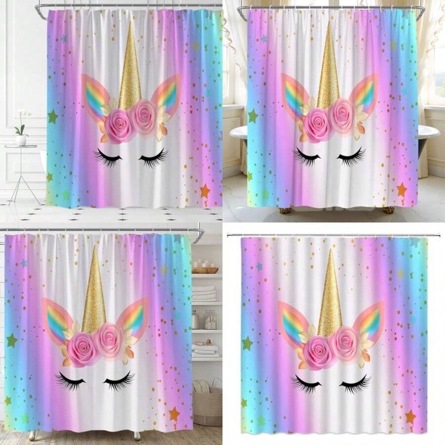 AMFD Unicorn Shower Curtain Rainbow Magic Head Rose Flower Romantic Cute Girl Baby Kid Pink Cartoon Bathroom Curtains Decor Polyester Fabric Waterproof 70 x 70 Inches Include Hooks - Rosa azul oro amarillo. - Ver 1