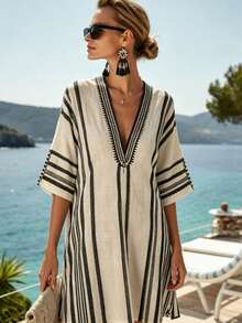Vestido midi de mujer con solapa, botones, mangas con doble volante, vestido de vacaciones, vestido de lino estilo francés, vestido costero, vestido de crucero, atuendos de la  Amalfitana, adecuado para vestido de verano, ropa de primavera, ropa de verano, vestido de playa, ropa de playa, vestido largo elegante, vestido casual, vestido de vacaciones, ropa de verano, vestido de playa para mujer, vestido para ir al trabajo - Blanco y Negro - Ver 3