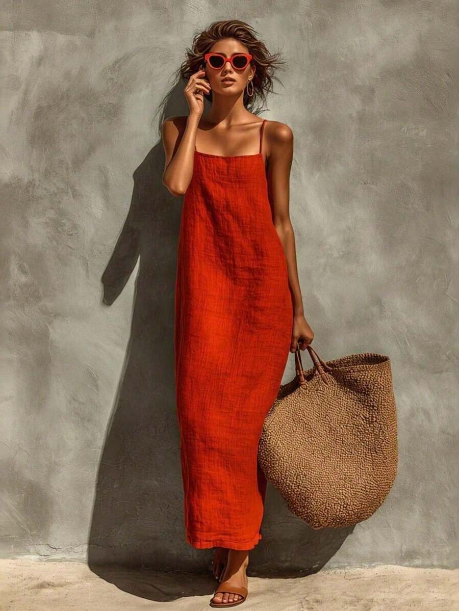 Verano De Las Mujeres 2026 Nuevo Vestido Largo Estilo Rojo Sin Tirantes Para Las Vacaciones, Vestido De Lino De Color Puro Para Las Mujeres - Rojo - Ver 1