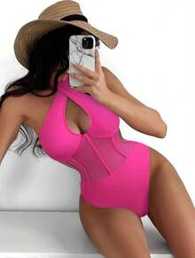 Nuevo y sexy traje de baño de una pieza con detalles de malla. - Verde - Ver 8