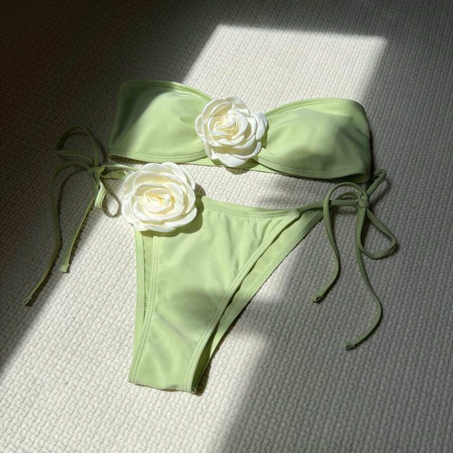Bikini sin tirantes de dos tonos color rosa con cordón ajustable y tirantes de lazo bikini9149 - verde claro - Ver 1