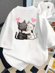 Camisetas de manga corta de talla grande para mujer, ideales para el verano, camisetas básicas para el día a día, camiseta estampada de manga corta con diseños en la parte delantera y trasera - Dos gatos abrazándose - Camiseta estampada de primavera/verano para mujer, ¡tu mejor elección! Transpirable y cómoda. - Blanco - Ver 11