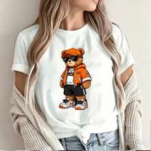 Teddy Bear Fashion Streetwear Orange Jacket Black Shorts White Sneakers Cool Accessories Baseball Cap Sunglasses Urban Style Youthful Trendy Apparel Graphic Design Print On Women's Short Sleeve T-Shirt Mexican Shopping Platform Search Keywords - Blanco - Ver 6