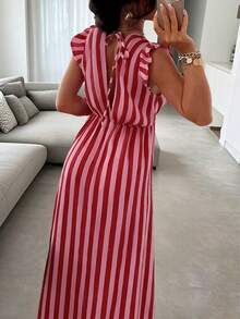 Get Rich A New Spring/Summer Series Women's Vacation Dress, Elegant Women's Dress, Pink Vertical Striped Sleeveless Maxi Dress With Ruffle Hem, Tie-Back Deep V-Neck Design, Contrast Striped Waist, Beach Vacation, Date, Party, Retro Y2K Romantic - Pink - View 6