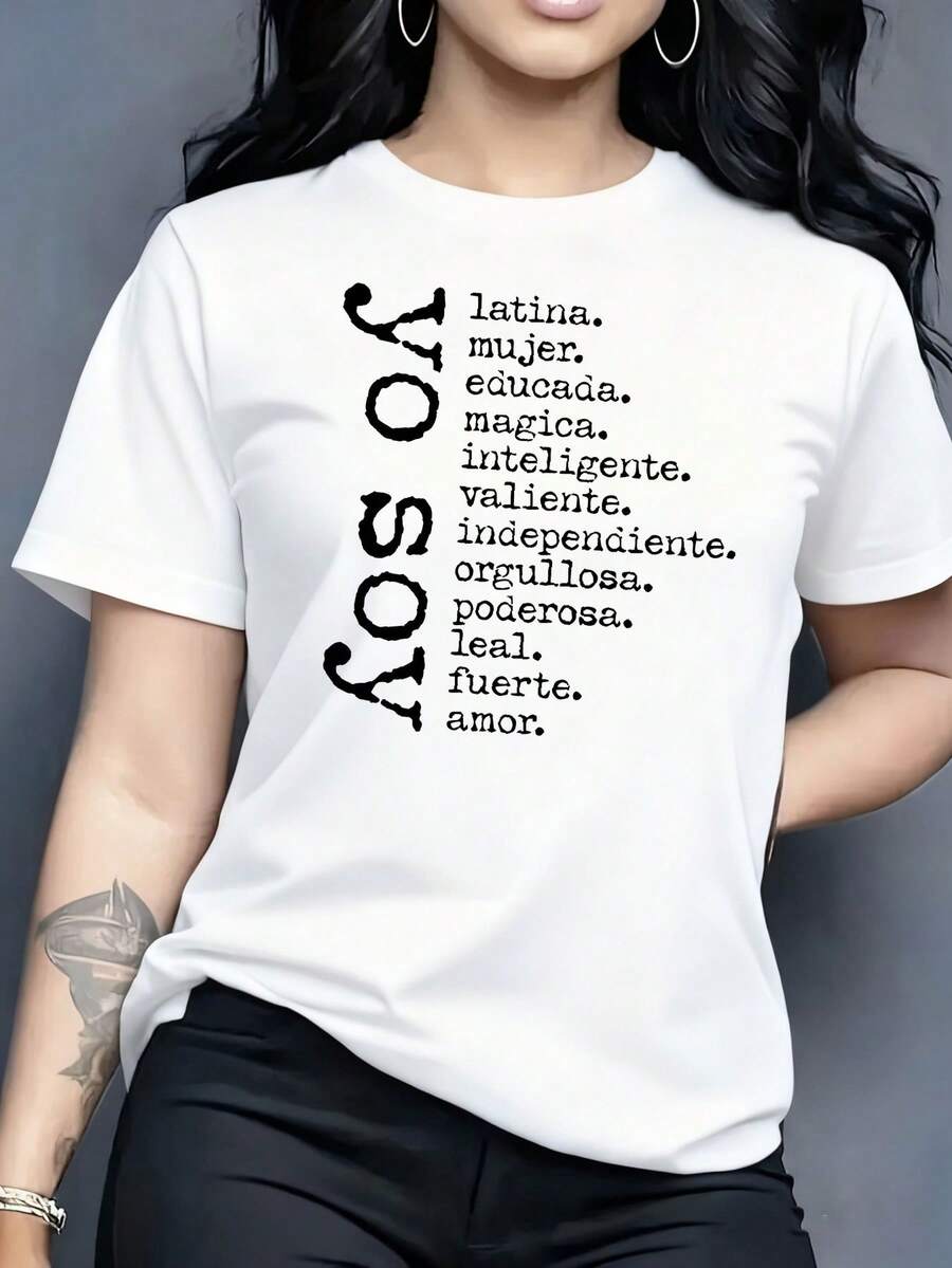 Graphic Tee, Camiseta Blanca de Manga Corta para Mujer, Estampado Yo Soy Latina Educated Woman, Top Casual Holgado de Cuello Redondo, Ropa de Diario para Verano - Negro - Ver 1