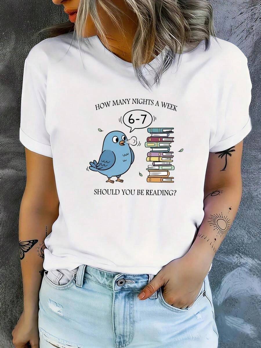 1 pieza, camiseta de manga corta de algodón puro clásica y versátil, adecuada para usar en cualquier estación, con dise?o azul de pájaro y montones de libros, estilo moderno - Blanco - Ver 1