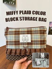 MIFFY Original Handmade Cute Rabbit Imported Plaid Patchwork Storage Bag, Notebook Stationery Organizer Bag With Polka Dots, Japanese Cute Style Brown And Blue Plaid Polka Dot Ruffle Edge And MIFFY Couple Sticker - Multicolor - View 2
