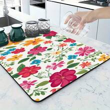 1PC Colorful Floral Pattern Multifunctional Drying Mat, Rubber Material, Heat Insulating Anti-Slip Washable, Polyester Absorbent Countertop Protector, Suitable For Kitchen, Dining Table Decor Mat, Dishwashing Mat, Washing Machine And Coffee Machine Mat, Bathroom Sink Coaster, Kitchen Accessories, Party Supplies - Colorful Little Flowers - View 5