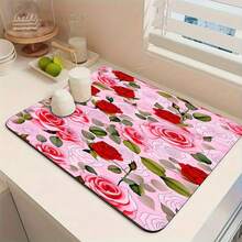 1PC Colorful Floral Pattern Multifunctional Drying Mat, Rubber Material, Heat-Insulating Anti-Slip Washable, Polyester Absorbent Countertop Protector, Suitable For Kitchen, Dining Table Decor Mat, Dishwashing Mat, Washing Machine And Coffee Machine Mat, Bathroom Sink Coaster, Kitchen Accessories, Party Supplies - Pink and White Roses Intertwined - View 10